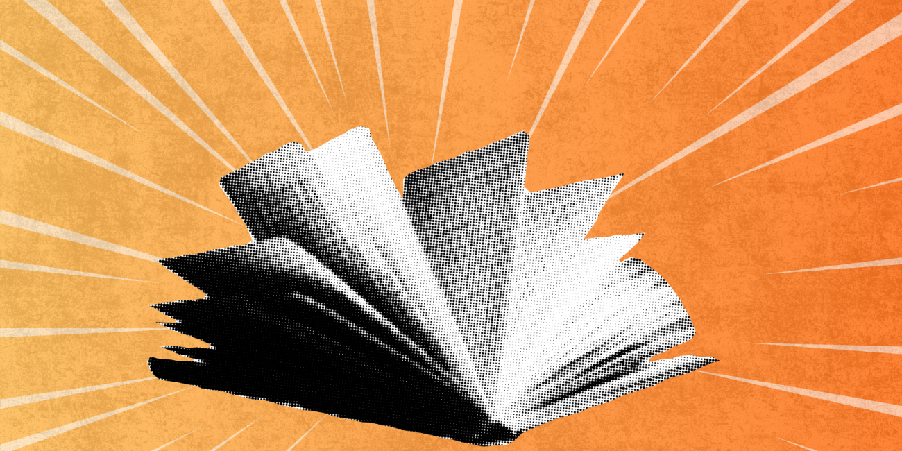 An halftone image of an open book on an orange background