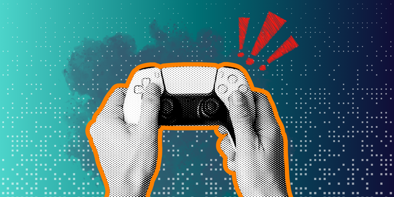 a halftone image of hands holding a video game controller on a blue gradient background