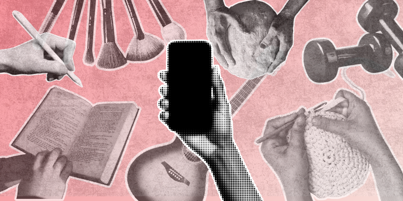 a compilation of hobby related images with a halftone hand holding a phone on top