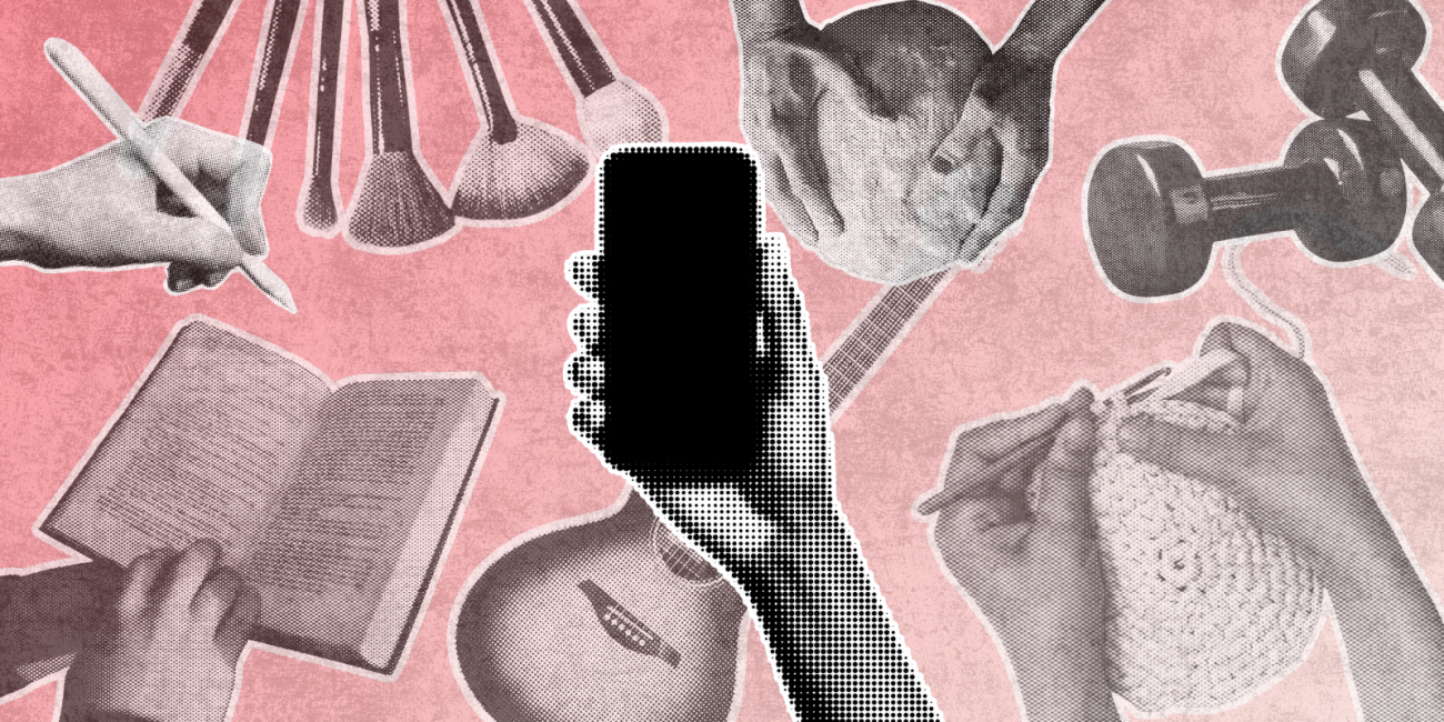 a compilation of hobby related images with a halftone hand holding a phone on top