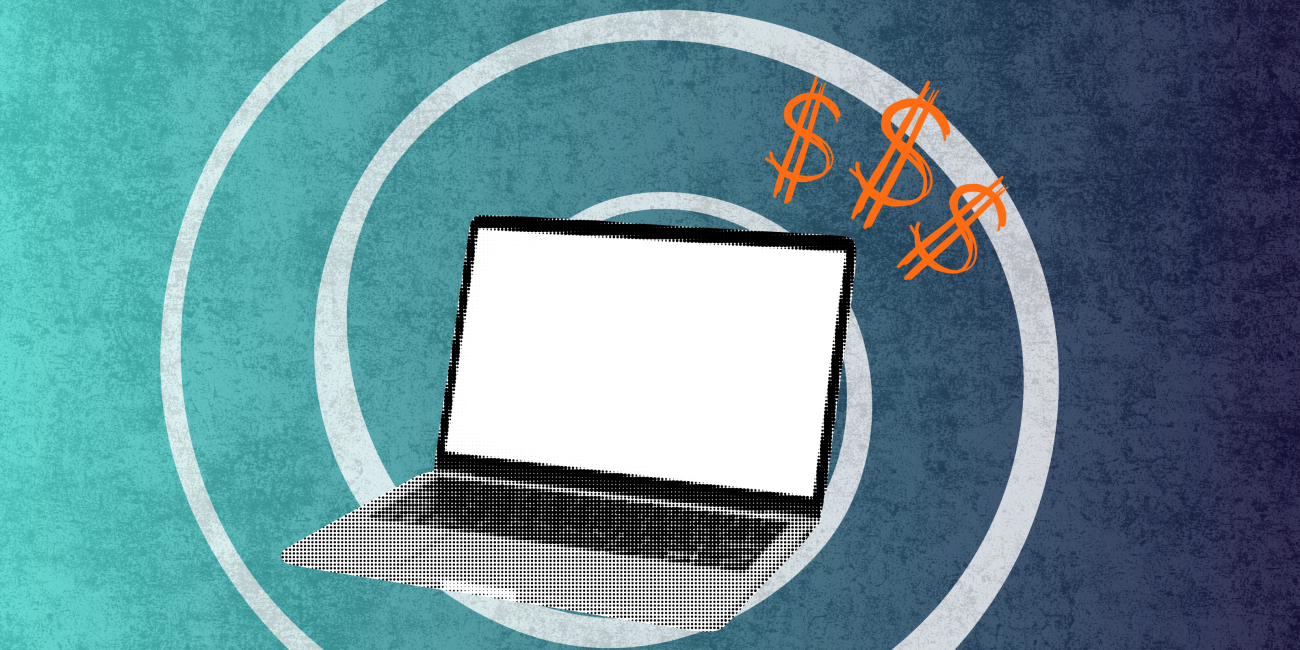 halftone laptop with dollar signs 