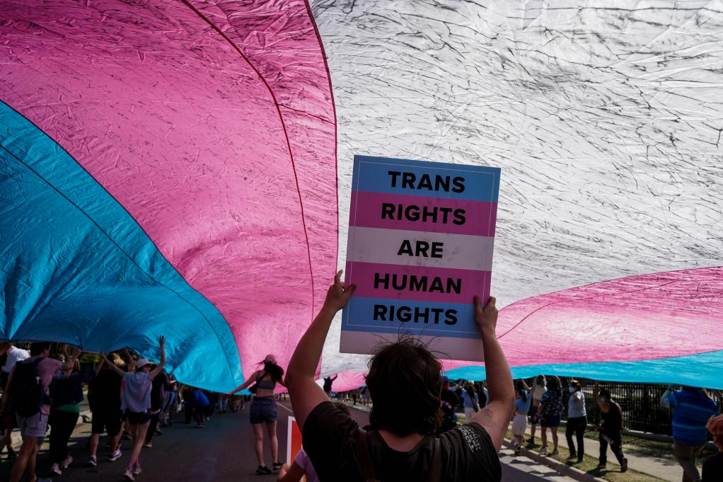 A trans flag held above someone holding a poster in support of trans people.