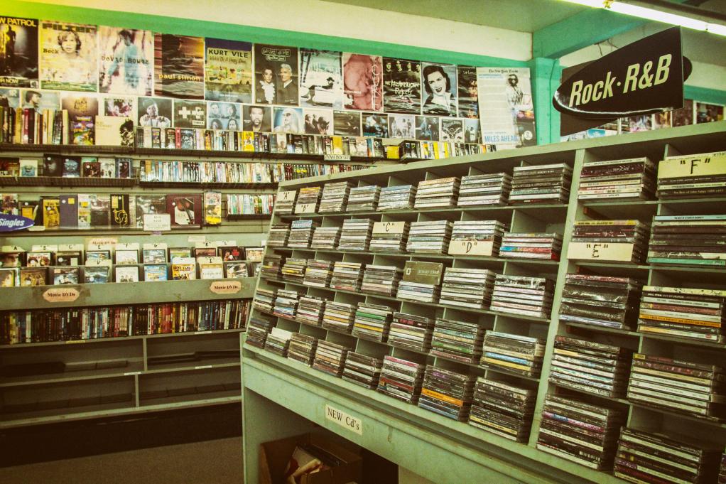 The interior of a CD and record store. 