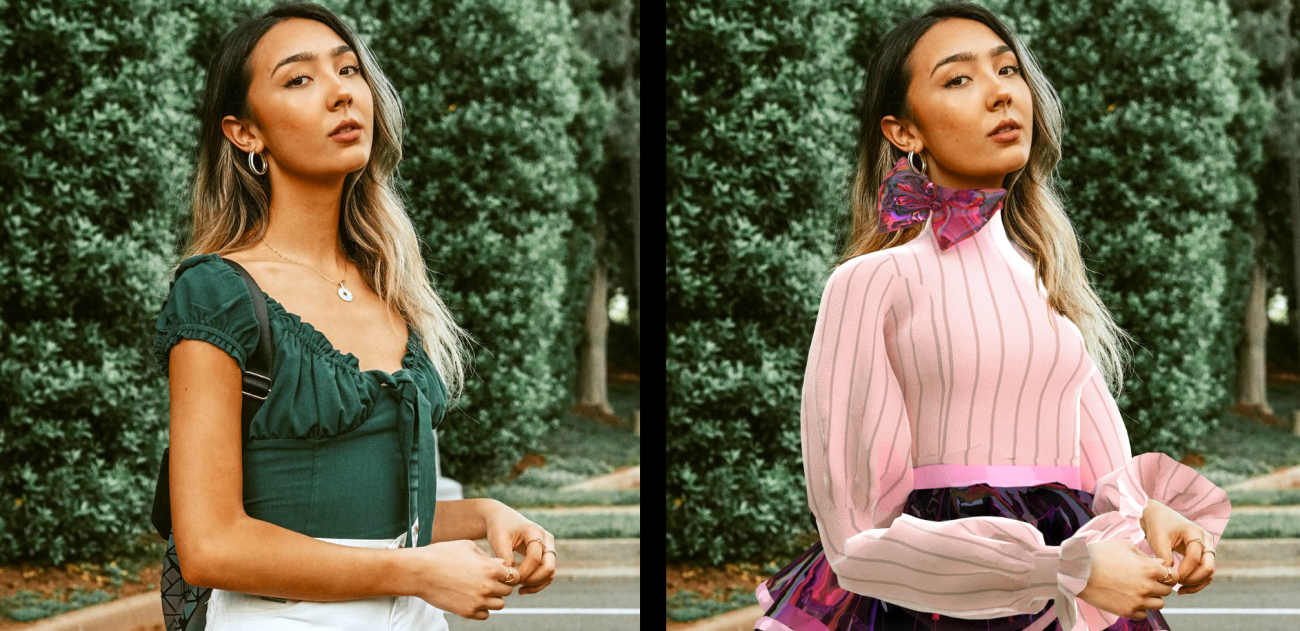 Woman wearing real clothes and digital clothes